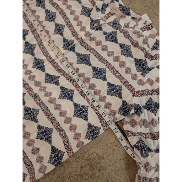 LOFT Womens XL Long Sleeve Boho Geometric Blouse Ivory Blue Tunic Top - Picture 3 of 12